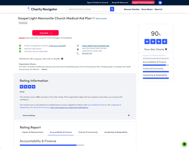Charity Navigator 4 star profile