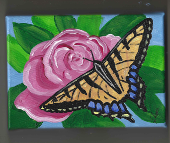 A butterfly on a rose painted by Carroll.